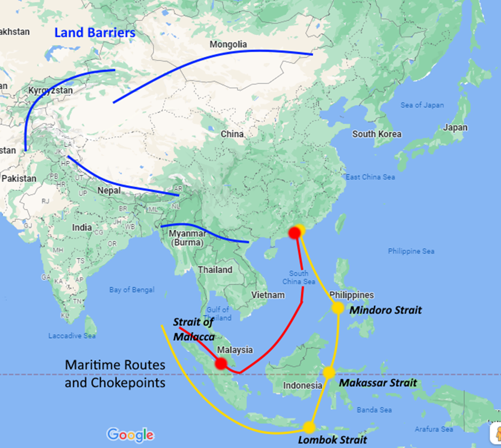 Strait of Malacca map showing congestion and the role of the Malacca route in global shipping — context for Thailand Land Bridge necessity